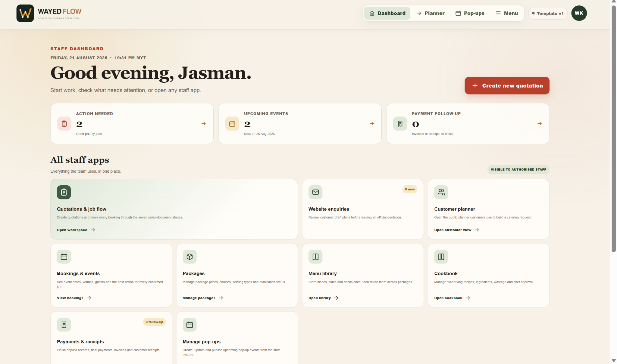 WayedFlow staff dashboard showing quotations, events, payments and catering operations apps