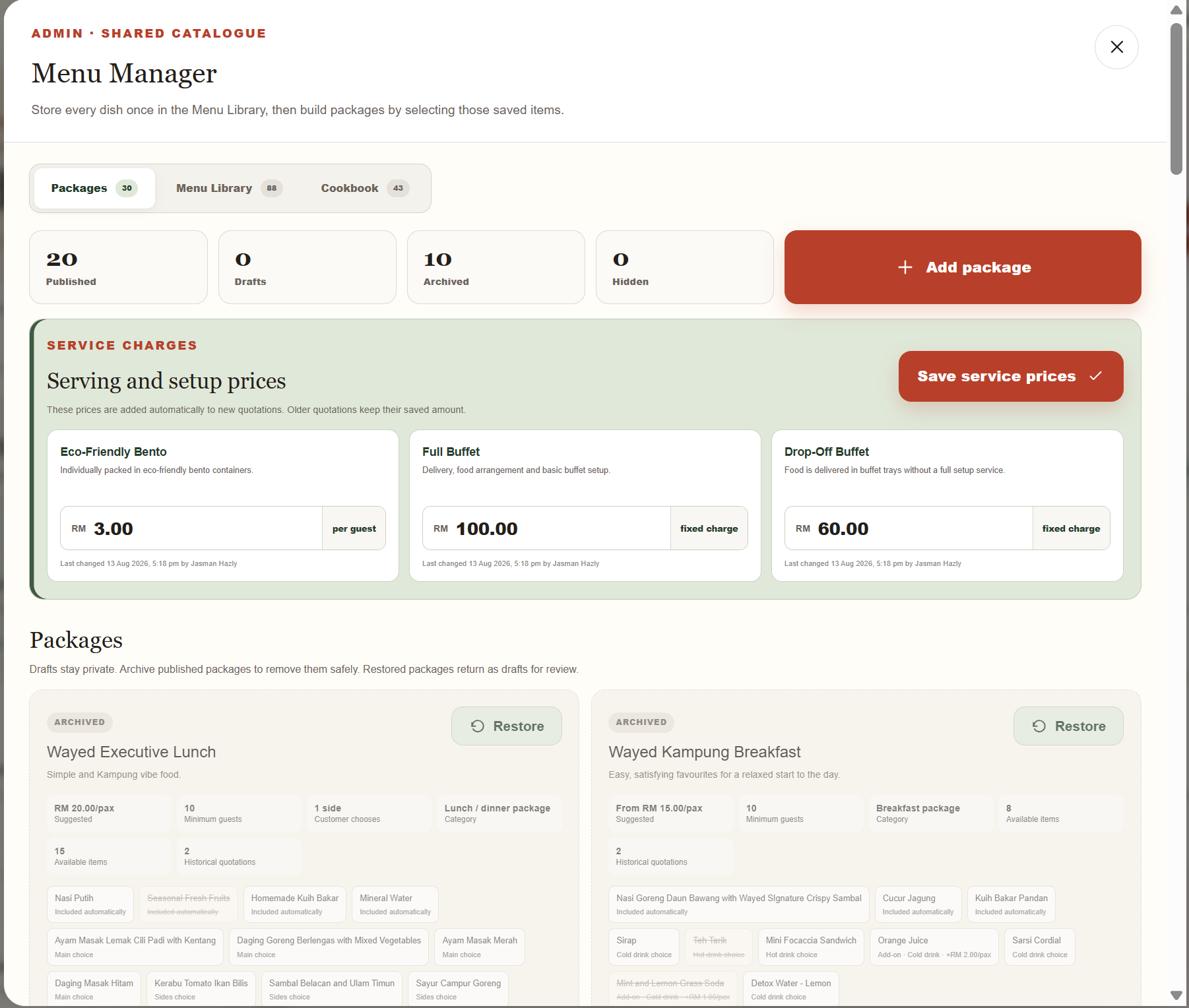 WayedFlow menu manager showing packages, menu library, cookbook and service charges